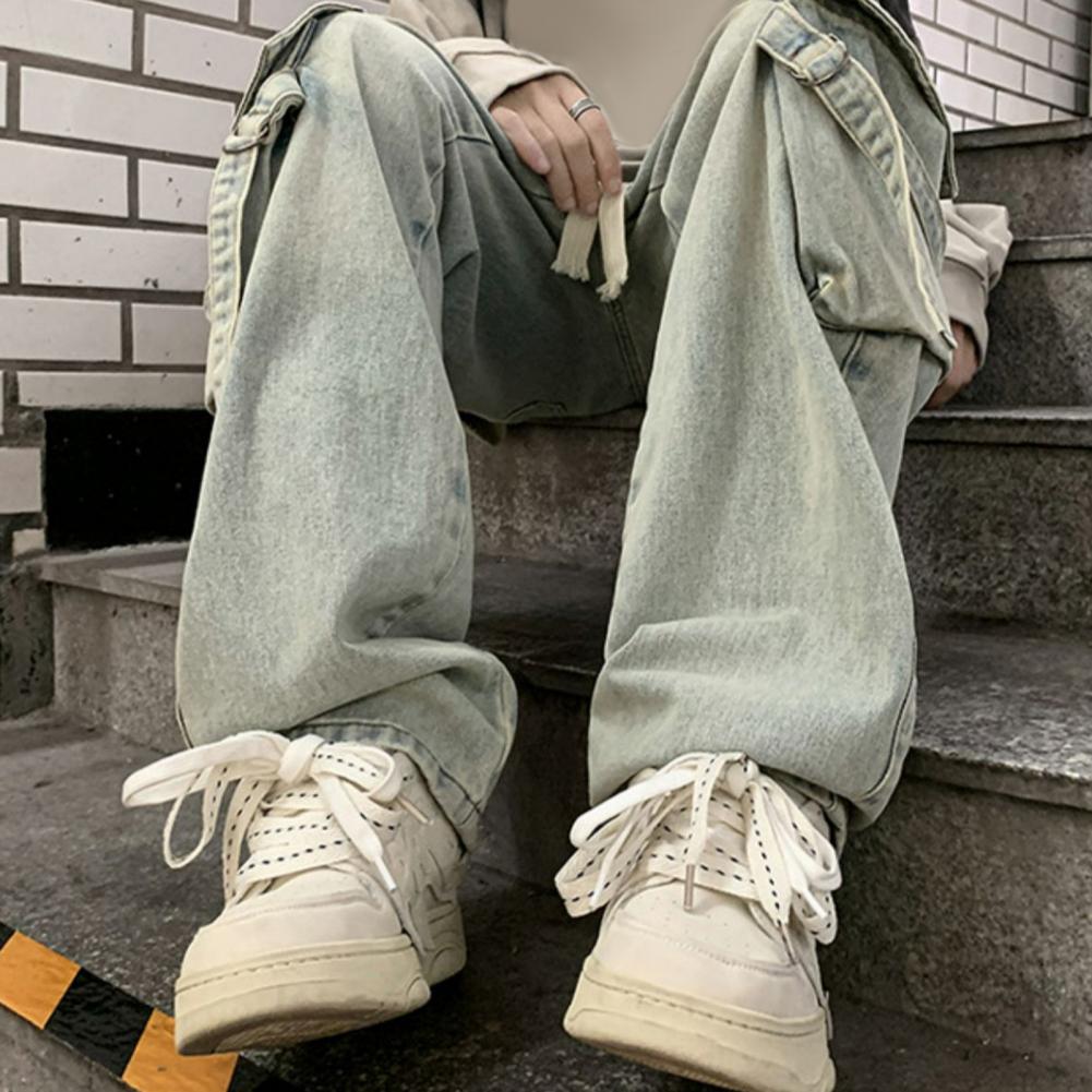 Мужские брюки-карго в уличном стиле, прямые, широкие, длинные брюки, эластичный пояс, завязка на шнурок, большие карманы, джинсовые брюки