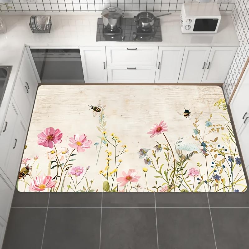 1 шт. анти-усталостные кухонные коврики, с цветочным и пчелиным принтом, водонепроницаемые нескользящие толстые мягкие кухонные коврики, прочные, удобные стоячие коврики для кухни