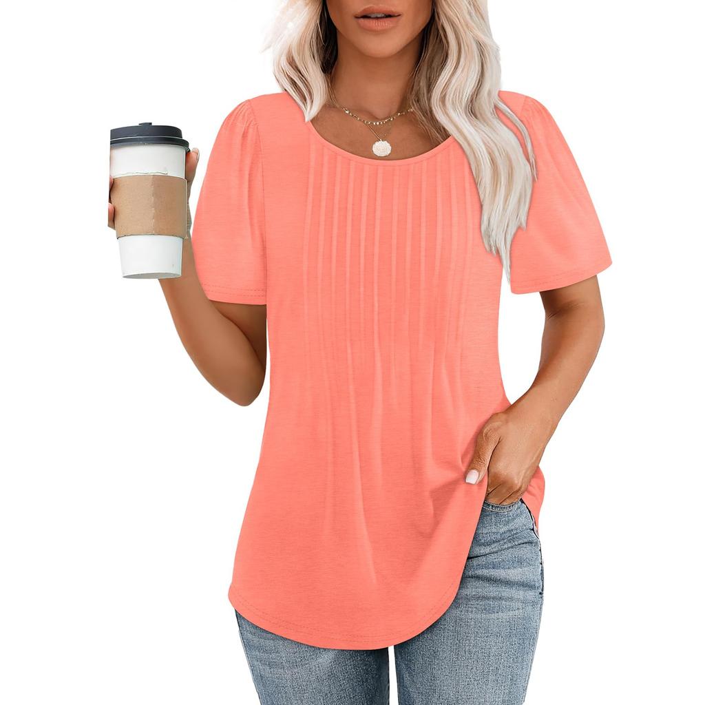 Women Soild  Crew-Neck Cute Tee Short Sleeve Pleated Dressy Casual Scooped Neck  T Shirt Tops