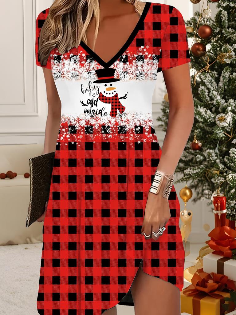 Fashion Women's V Neck Short Sleeve Christmas Snowman Printed Dress Sex Short Skirt Dresses