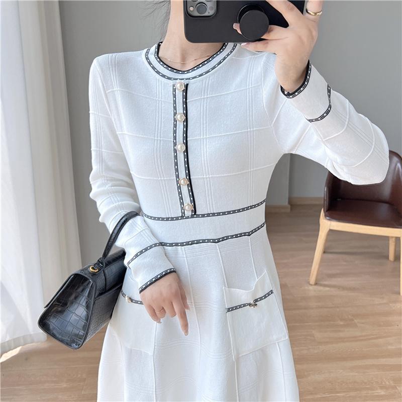 Korean Chic Autumn Winter Women A-Line Dress O Neck White Black Knitting Bodycon Dress Elegant Office Lady Knit Feminine Dress