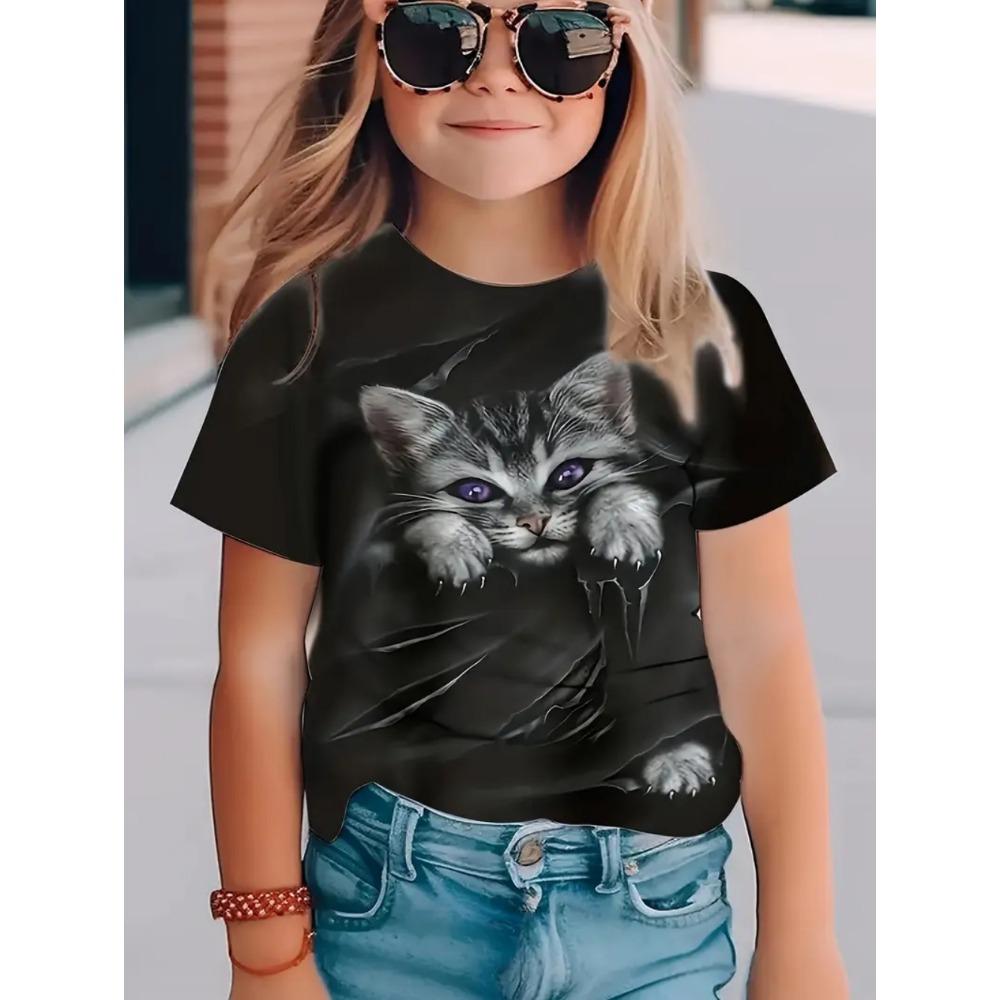 Cool Cat Girl Clothes Fashion Animal Print Summer Short Sleeve Tee Casual Loose Kids Top Outdoor Comfortable Children's Clothing