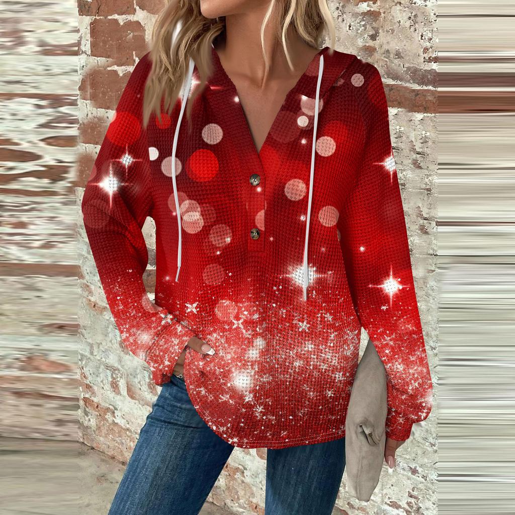 Женская мода с длинным рукавом, завязками на шнурке, капюшоном, пуговицами, V-образным вырезом, повседневная толстовка с капюшоном и рождественским принтом