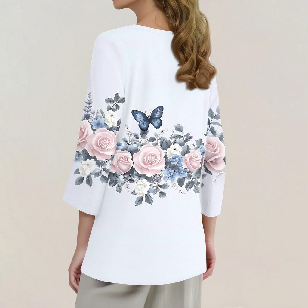Женская футболка с принтом, рукав 3/4, повседневная мода на выходные, базовый топ с V-образным вырезом