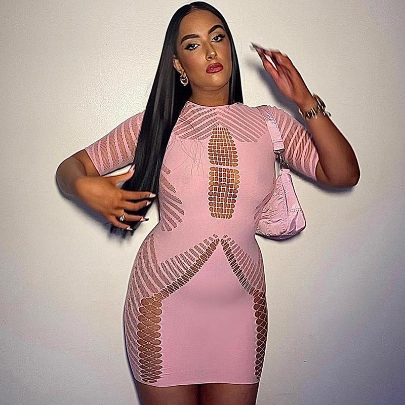 Сексуальное клубное короткое платье с круглым вырезом и коротким рукавом, пуловер, однотонные розовые женские платья, летние жаккардовые ткани, платья