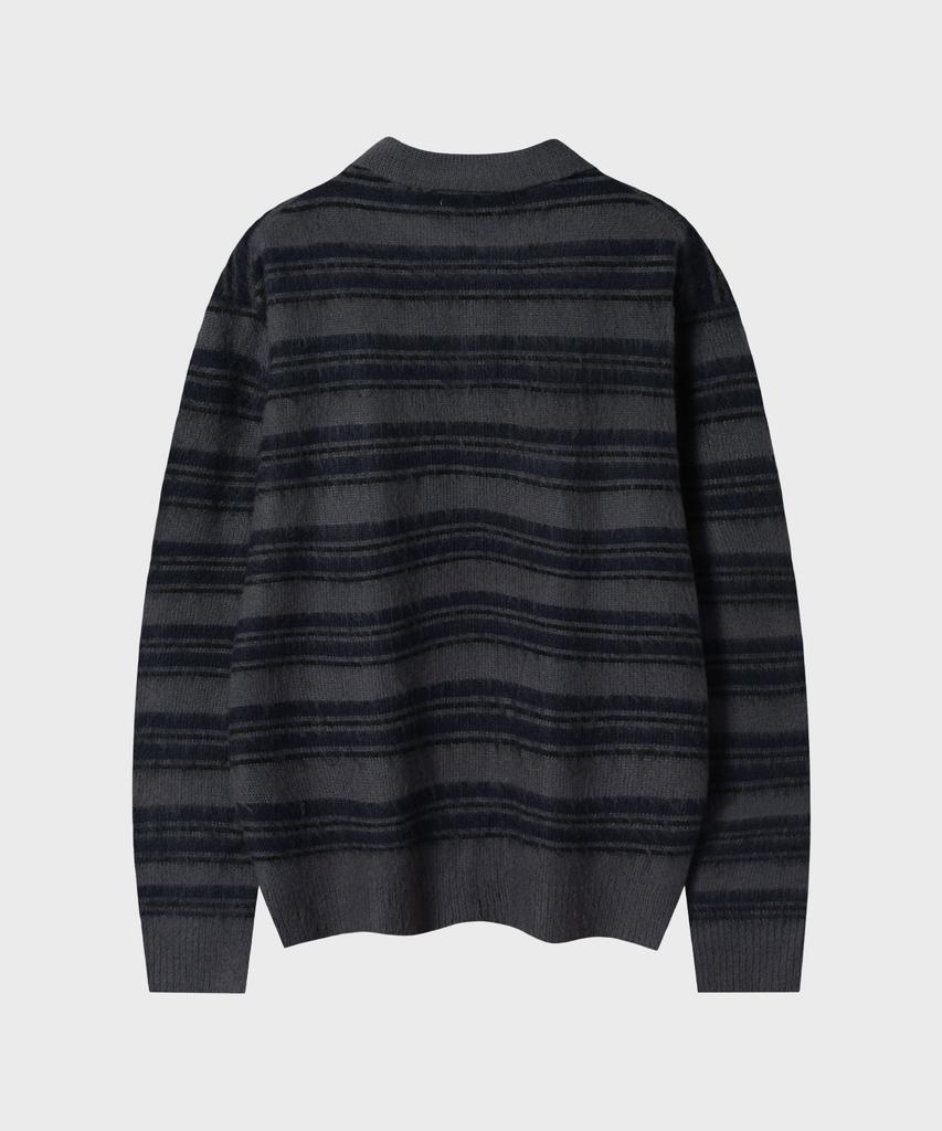 LEIRE Striped Brush Collar Crop Knit [Charcoal Navy St]