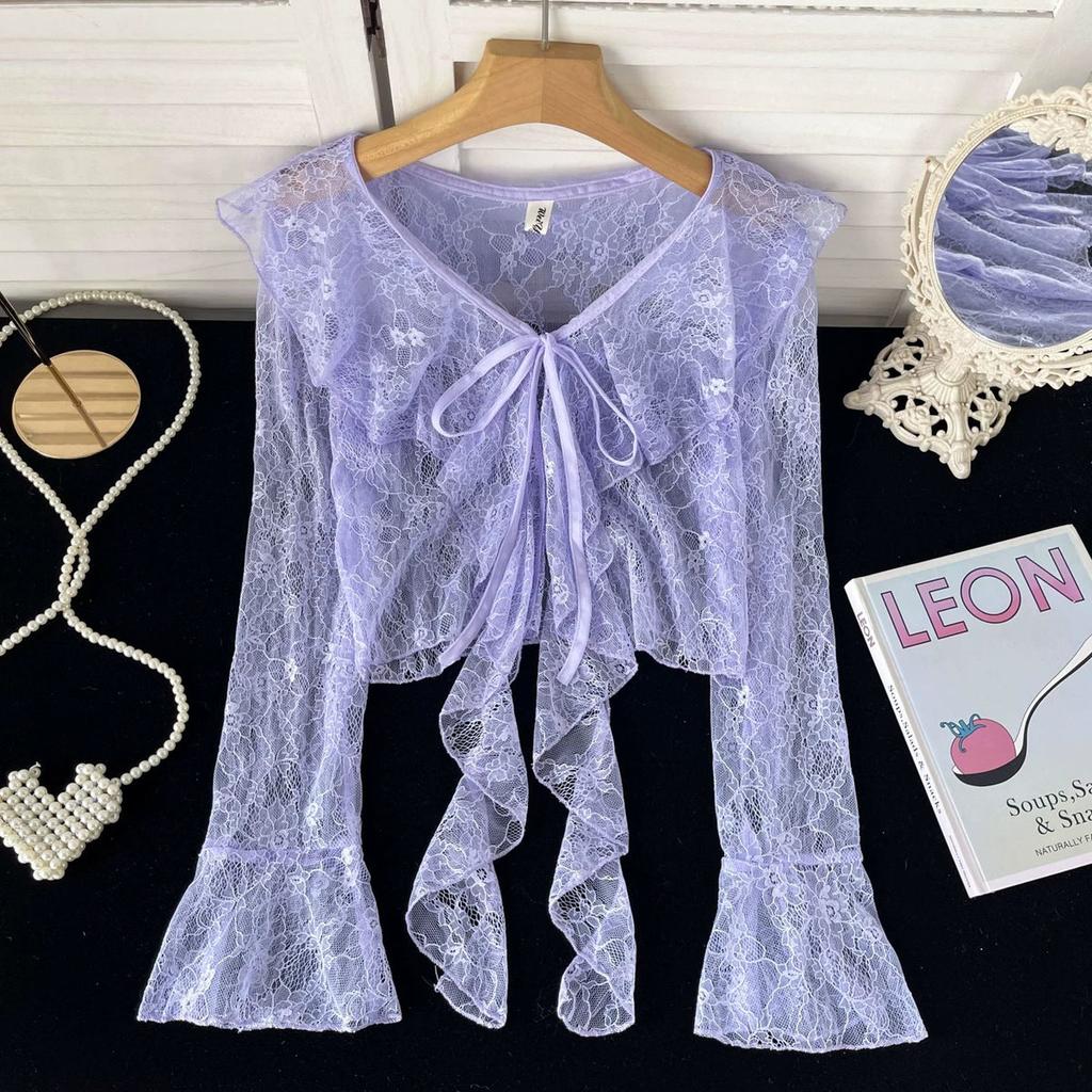 Свежий расклешенный кружевной кардиган с рукавами, женский летний тонкий длинный рукав с оборками и солнцезащитным чехлом