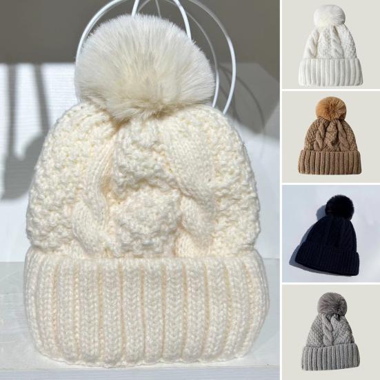 Unisex Winter Beanie Knitted Thick Folded Brim Solid Color Stretchy Pom-Pom Hat Ear Protection Piled Hat Windproof Cold Weather Warm Headgear