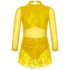 Girls Dance Costume Mesh Long Sleeve Shiny Sequins Hollow Back Patchwork Style Tassel Dress