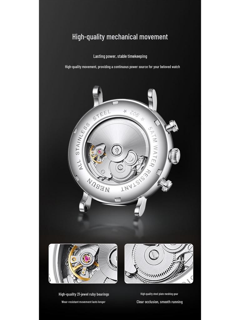 Мужские автоматические механические часы NESUN, многофункциональные водонепроницаемые наручные часы из кожи и стали 9029