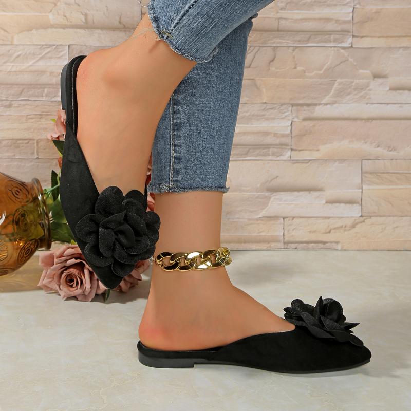 Fashion Leisure Black Cloesd Toe Slippers Women 2025 Summer Leopard Flat Heels Shoes Women Big Flower Slip On Daily Shoes Women