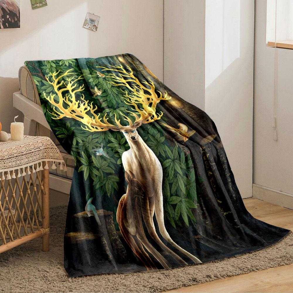 Glowing antlers, leafy forest backdrop, birds, and two deer in focus. for all seasons blanket lunch break throw gift