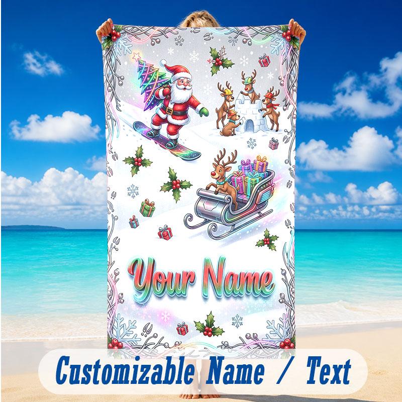 Christmas Theme Beach Towel Personalized Custom Name & Text Soft Quick Dry Beach Towel for Swimming Travel