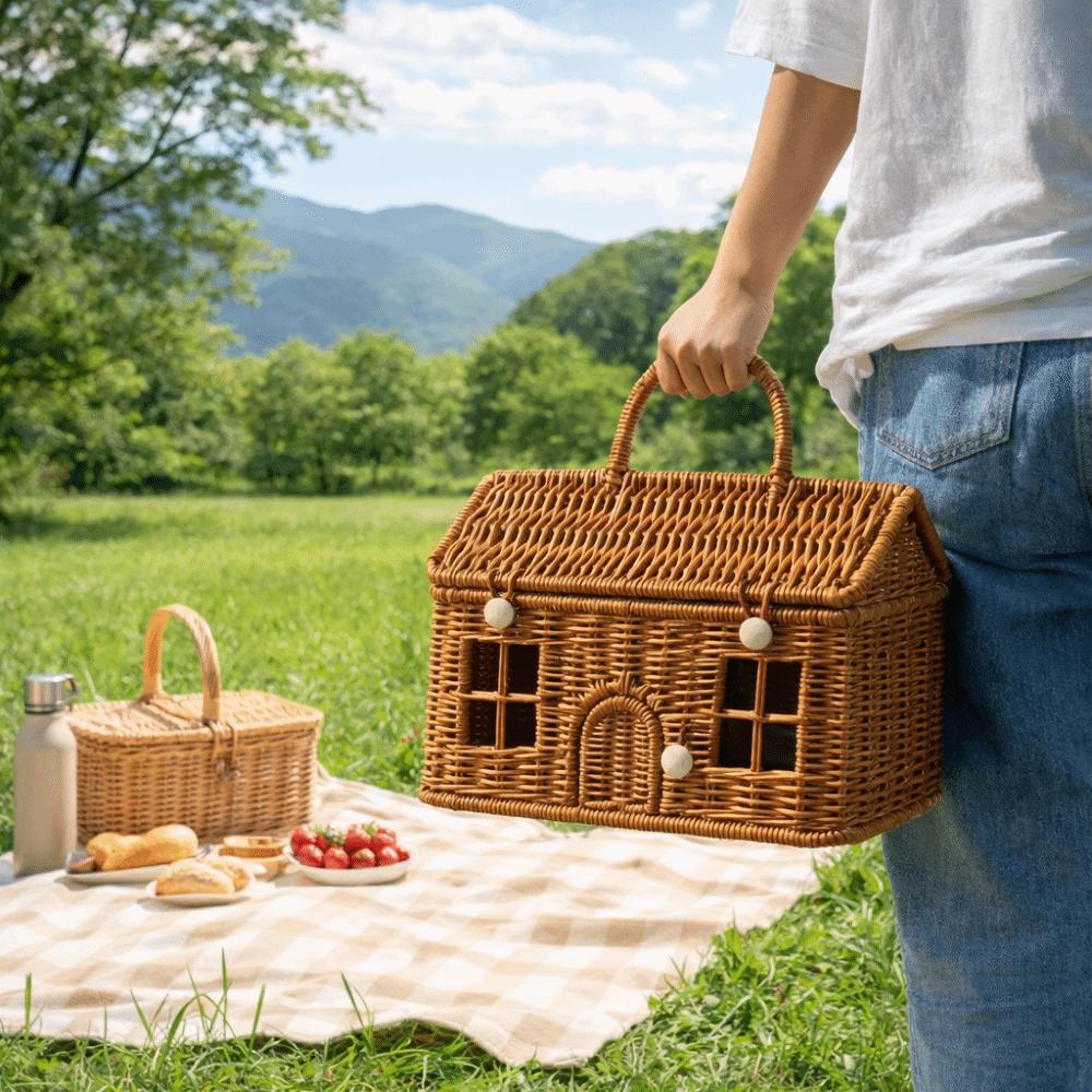 With Handle Rattan Picnic Basket House Shaped Clutter Organizer Desktop Organizer  Picnic Supplies