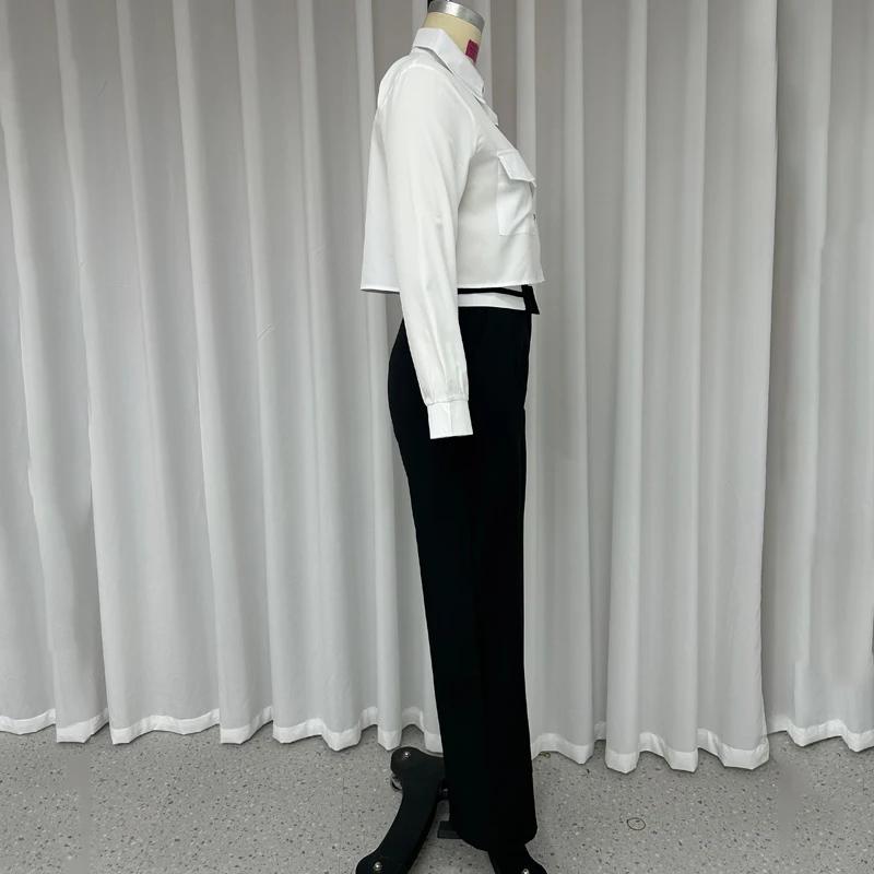 Женский комплект из двух предметов, осенний офисный простой однотонный однобортный комплект с длинными рукавами-фонариками, рубашка на пуговицах, топ, свободные брюки, новинка 2024 года