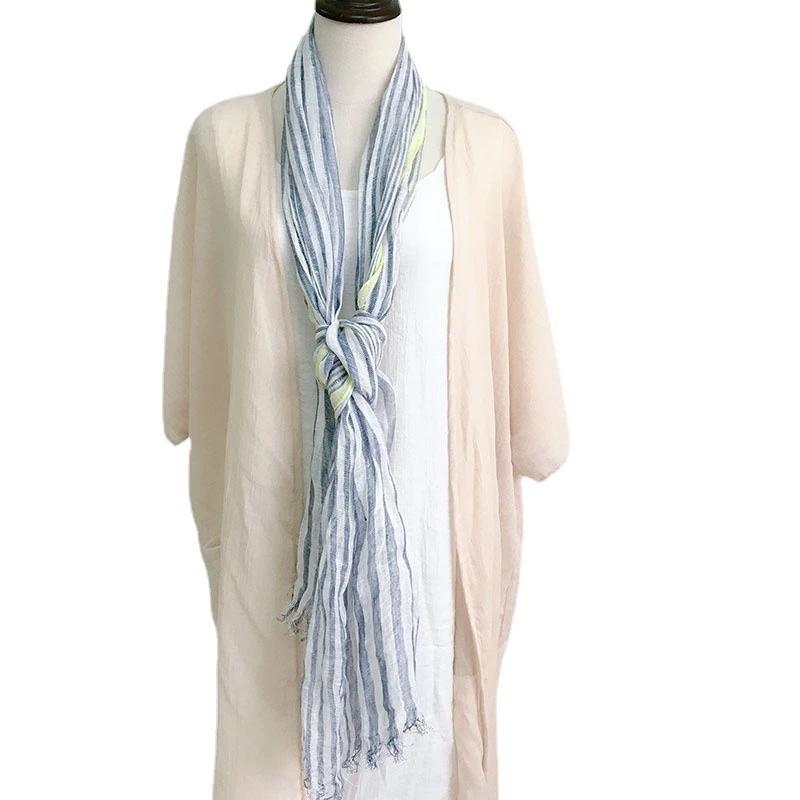 New Pure Linen Blue Striped Scarf for Women Fringed Men's Business Casual Dcorative Soft Linen Scarf
