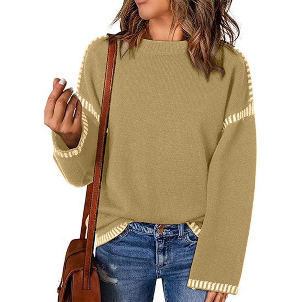 Women's Solid Color Loose Casual Patchwork Knitted Pullover Sweater Round Neck Long Sleeved Sweater Top