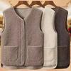 Women Fall Spring Vest Round Neck Thick Fleece Pockets Solid Color Sleeveless Zipper