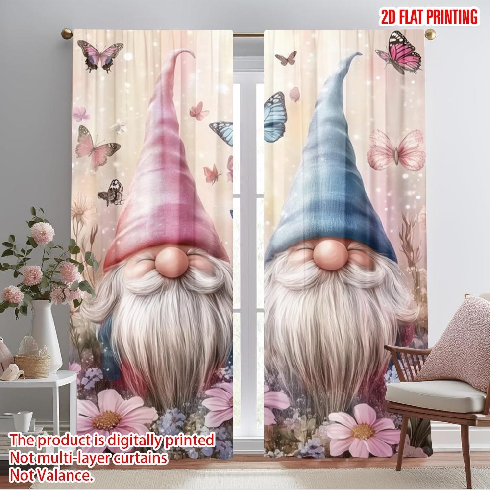 2Pcs,2D Plane Printing Popular Curtain Panels Garden Gnome Bliss Versatile Polyester Fabric (Without Rod) All Seasons For