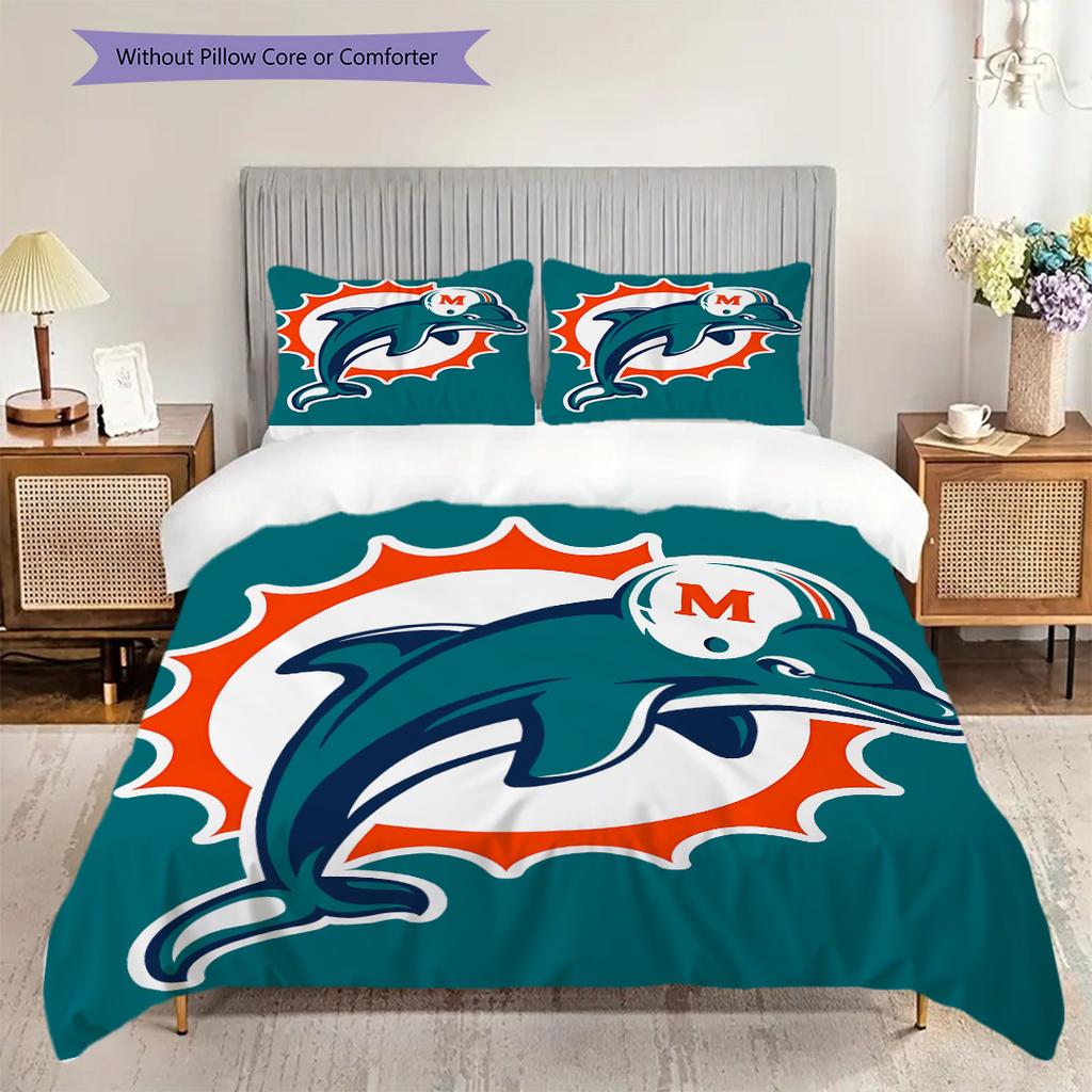 Постельное белье с узором Miami Dolphins Комплект одеял Покрывало Наволочка Домашний Декор Подарок на День Рождения (1 пододеяльник + 2 наволочки, без наполнителя)