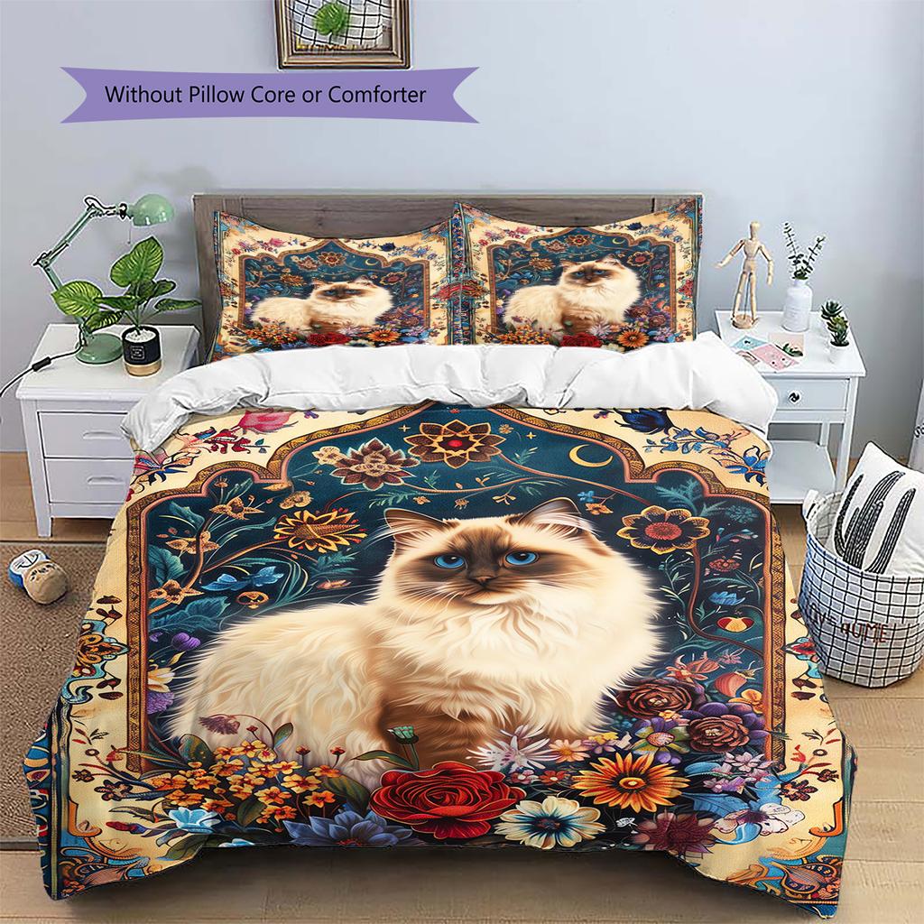 Boho Floral Cat Pattern Bedding Quilt Set Quilt Cover Pillowcase Home Decoration Birthday Gift (1 * duvet cover + 2 * pillowcase, without core)