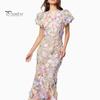 Women Fishtail Dress Round Neck Puff Short Sleeve Embroidered 3D Flower Decor Midi Dress Hip Wrapped Long Dress