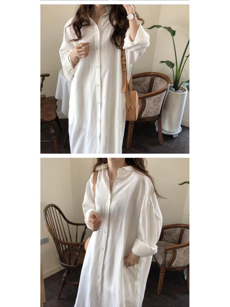 Korean Style Long Over-the-Knee Turn-Down Collar Cardigan Shirt for Women's Spring/Summer Sun Protection