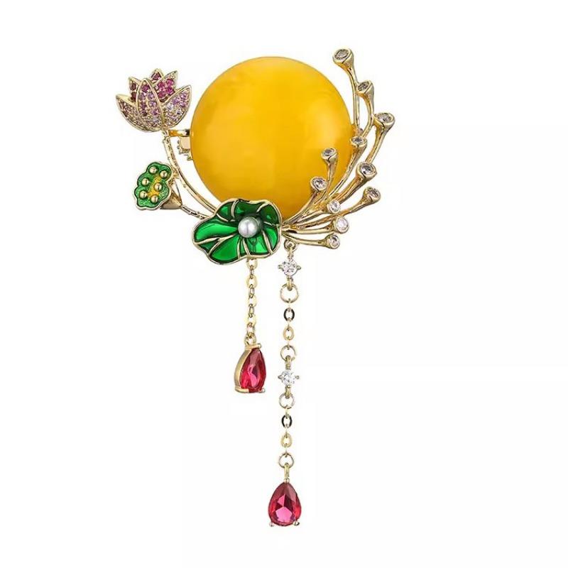 Lotus Pond Moonlit Lotus Brooch, New Chinese Ancient Style Women's High-end Texture Tassel Brooch, Design Sense Brooch