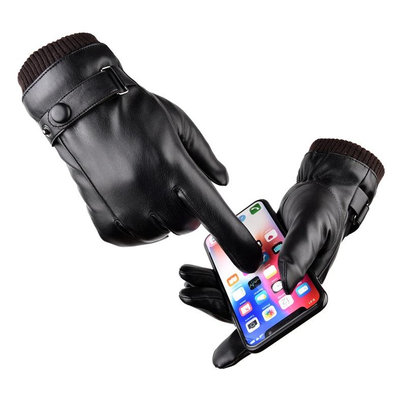 PU Gloves for Men and Women In Autumn and Winter Keep Warm and Fashionable Black Couples Add Velvet Touch Screen To Prevent Wind.