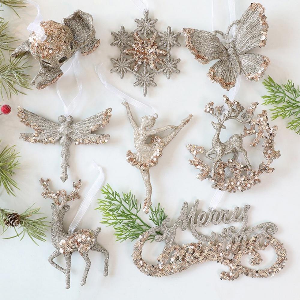 Christmas Decorations Acrylic Sequins Snowflake Elk Wreath Xmas Tree Hanging Pendant Glitter Ornament For Xmas New Year Party