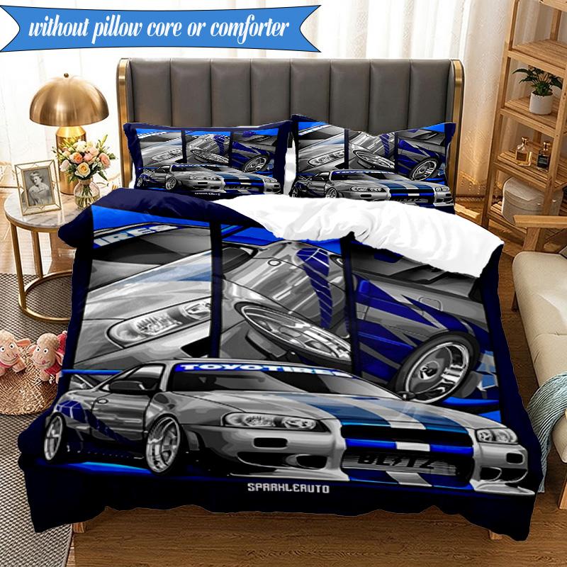 3PCS Skyline Blue Racing Spirit Speed Style Bedding Set 2D Printing (Includes 1 Duvet Cover + 2 Pillowcases Coreless), Bedroom decor,Fan gift