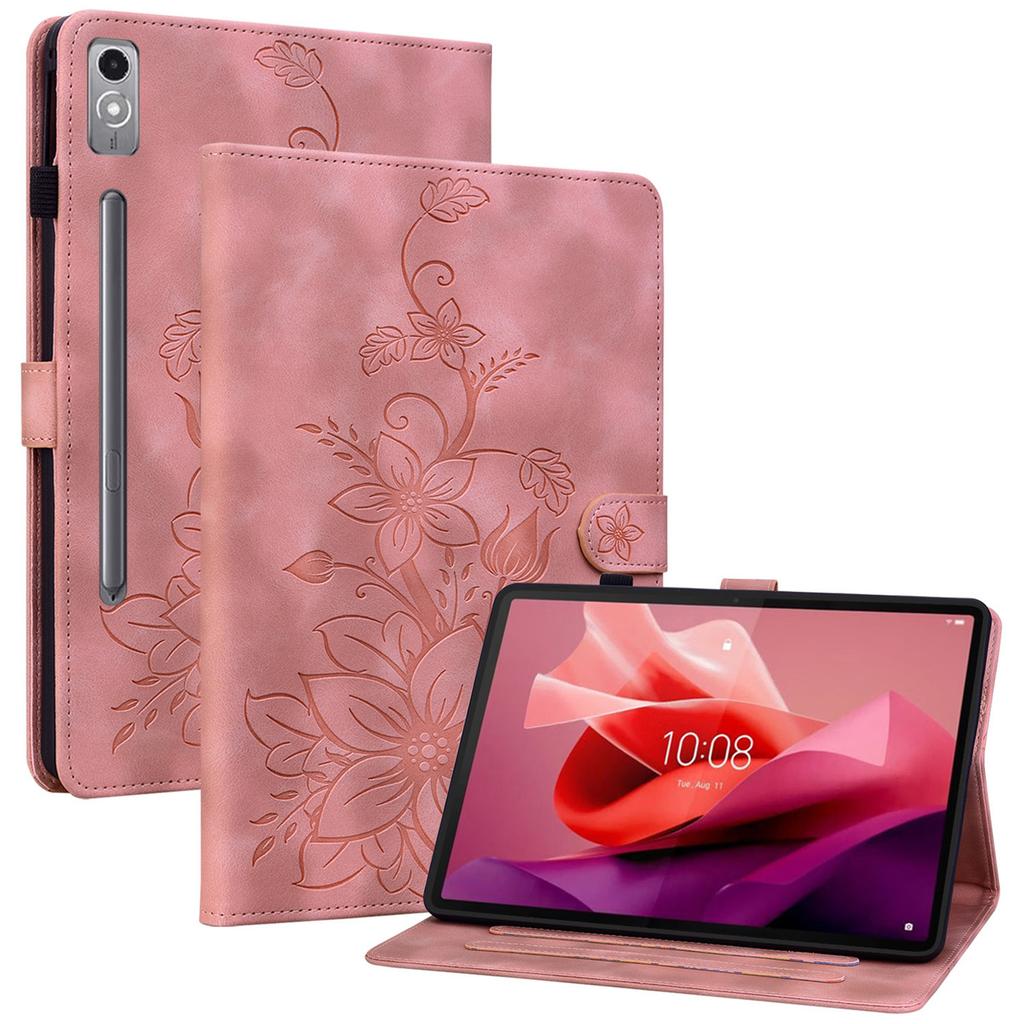 Для Lenovo Tab P12 Чехол Кожаный чехол для планшета с цветами лилии, отделениями для карт, подставкой
