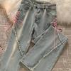 Lace-Up Micro-Flared Jeans: Trendy Split Raw Edge Horseshoe Pants for Spring and Summer