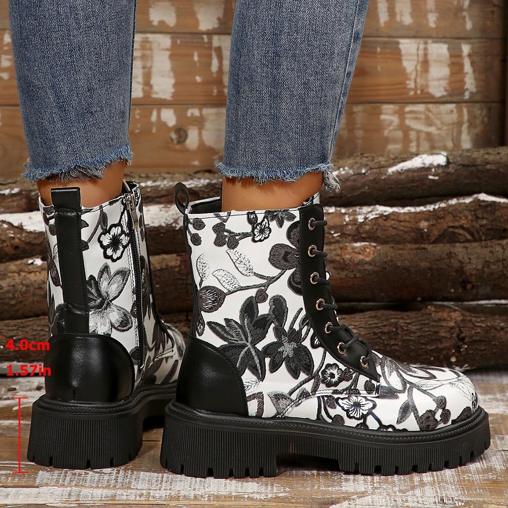 Мода 2025 Осень Новые Цветные Блоки Модные Ботильоны Женские С Принтом Граффити Боковая Молния Толстый Каблук Женская Обувь Платформа Ботине