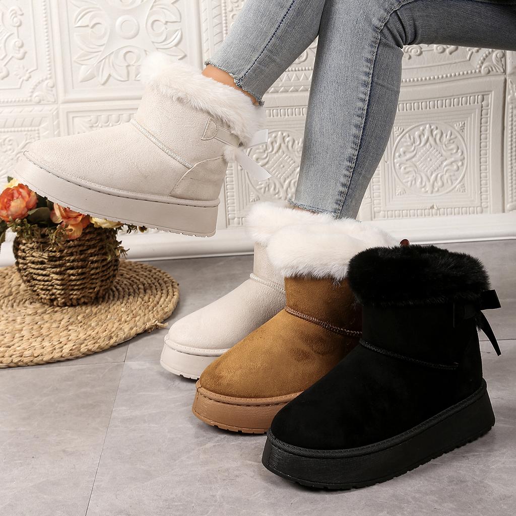 Fashion Women Boots Winter New Bow Plus Cotton Boots Casual All-match Thick Soled Mid-tube Snow Boots Fashion Retro Outdoor Women Shoes