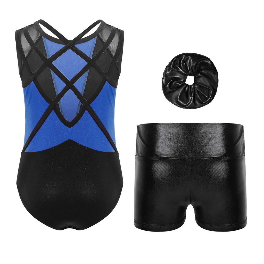 Girls Dance Performance Set Shiny Rhinestones Sleeveless Crisscross Back Leotard Metallic Shorts Headwear