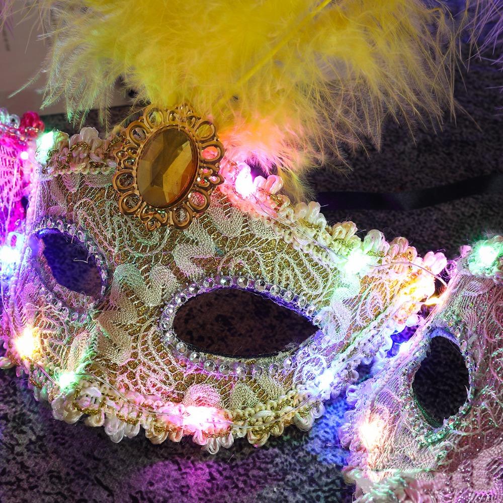 Rhinestone LED Glowing Mask Plastic Venice Masquerade Mask Creative Feather Mask  Halloween