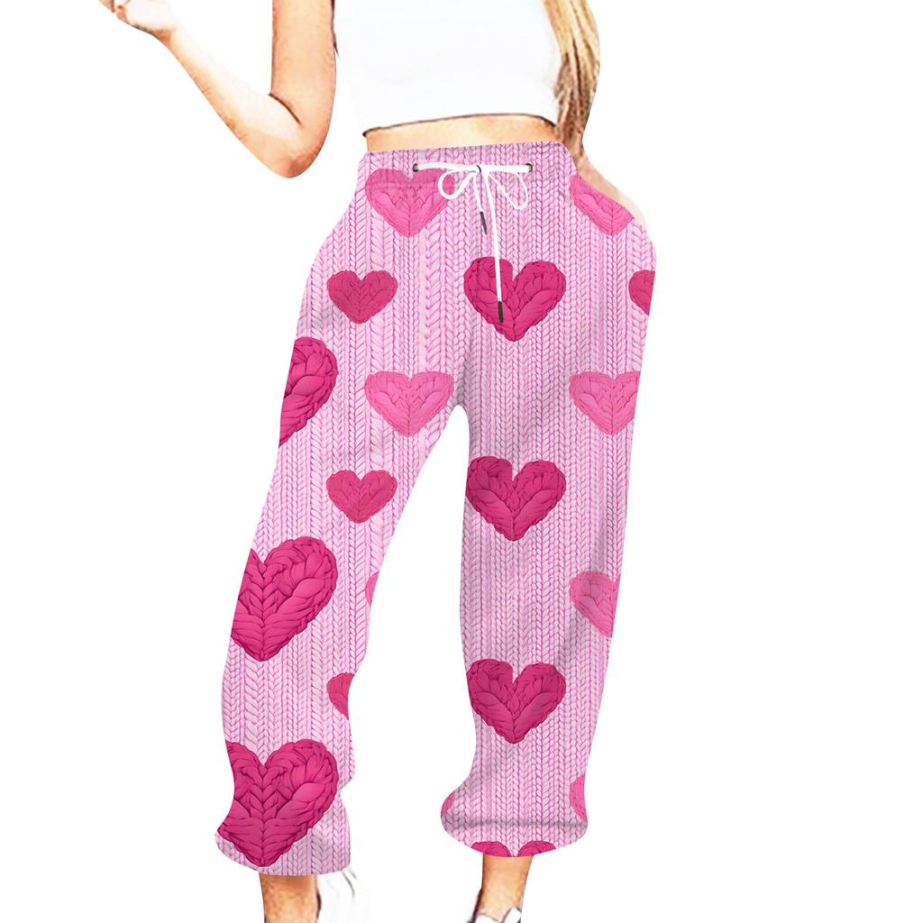 Женская повседневная мода День святого Валентина Повседневные брюки с принтом Спортивные брюки Брюки с эластичной резинкой на талии со шнурком Брюки со шнурком