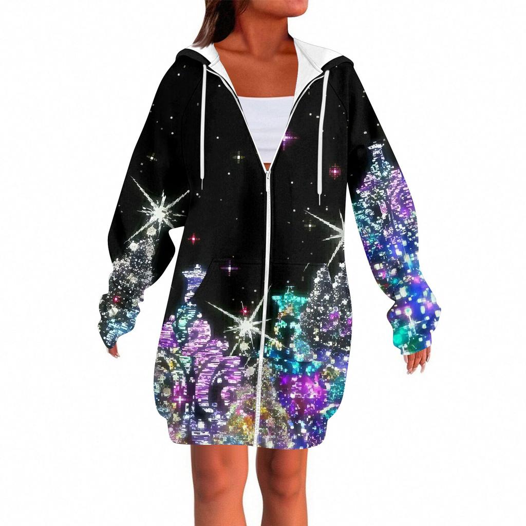 Women's Fashionable Christmas Printed Long Sleeved Drawstring Hooded Zipper Pocket Long Casual Sweatshirt Jacket