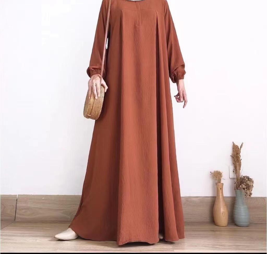 2024 Middle East Muslim Women's Puff Sleeve Dress with Zipper Placket and Elastic Cuffs