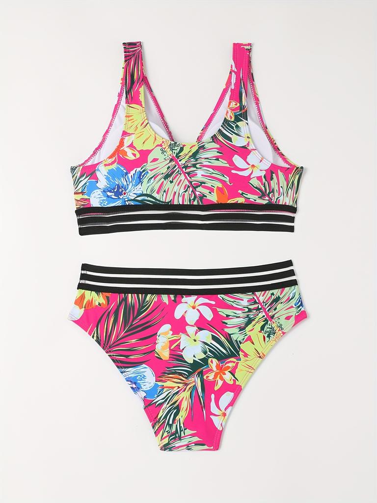 Комплект из 2 предметов с тропическим принтом, бикини, эластичные купальники с высоким вырезом из контрастной сетки с V-образным вырезом, женские купальники и одежда