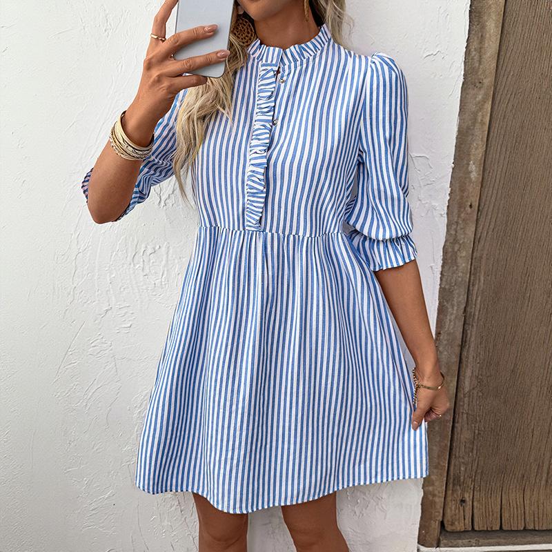 Skirt With Fungus SummerEuropean And American Women Wear Vertical Striped Shirt Dresses