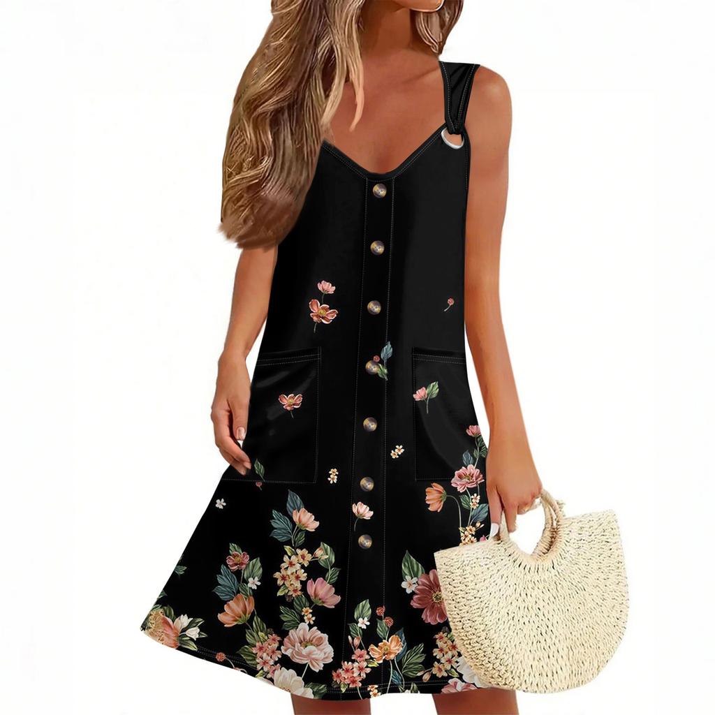 Женское летнее платье с карманом без рукавов сарафан с цветочным принтом