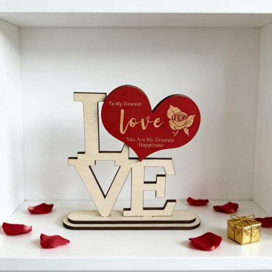 Valentine's Day Love Table Sign with Base Farmhouse Rustic Wooden Love Letter Ornament Anniversary Wedding Party Tabletop