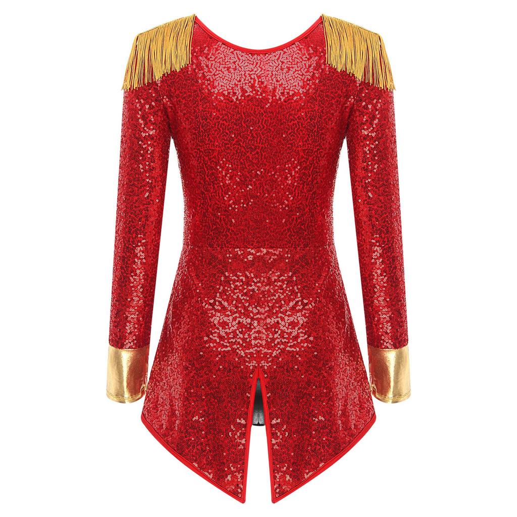 Womens Circus Ringmaster Cosplay Bodysuit Long Sleeve Allover Sequin Tail Jumpsuit Halloween Festival Costumes