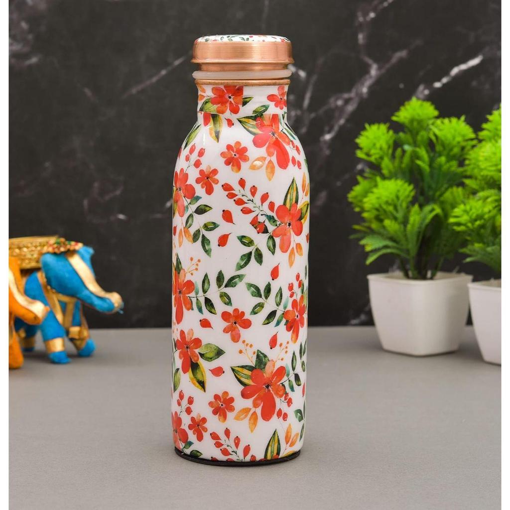 Flower Printed Pure Copper Water Bottle, Durable & Rust Free Copper Vessel, Anti-Oxidant Material, Ideal for Home and Office Purpose - 500 Ml