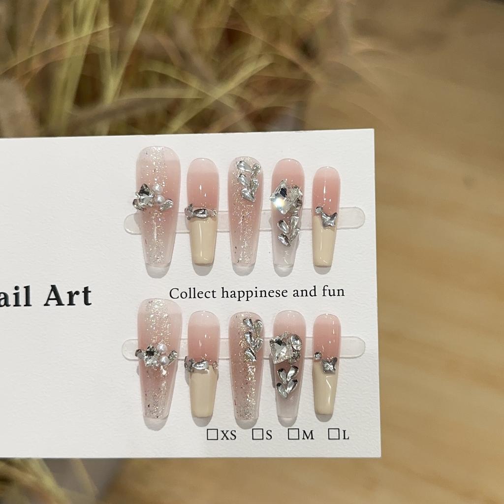 Women Long Press‑On Nails Pure‑Handmade Pink Blush Stacked Rhinestone Light‑Luxury False Nail Patches
