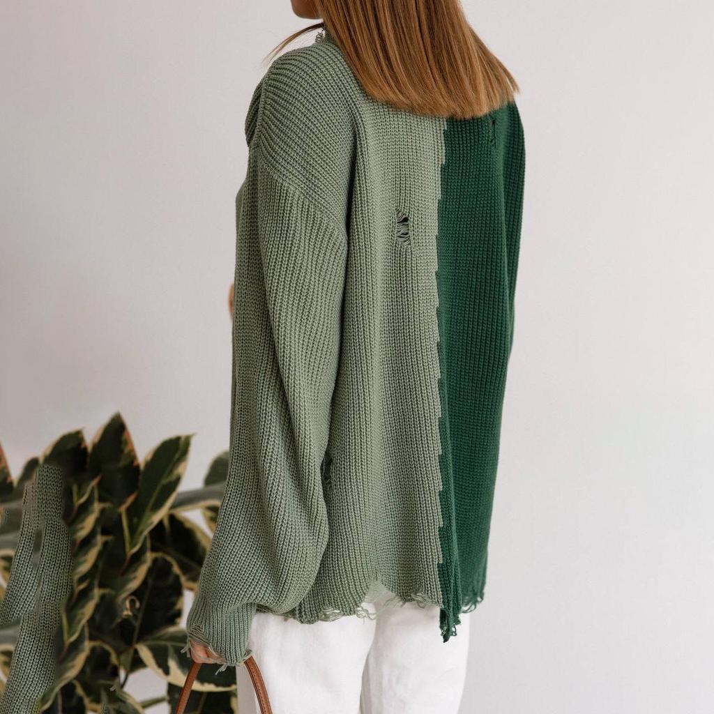 Autumn Winter Vintage Loose Long Sleeve Top Blocked Color Pullover Knitwear O-Neck Sweater
