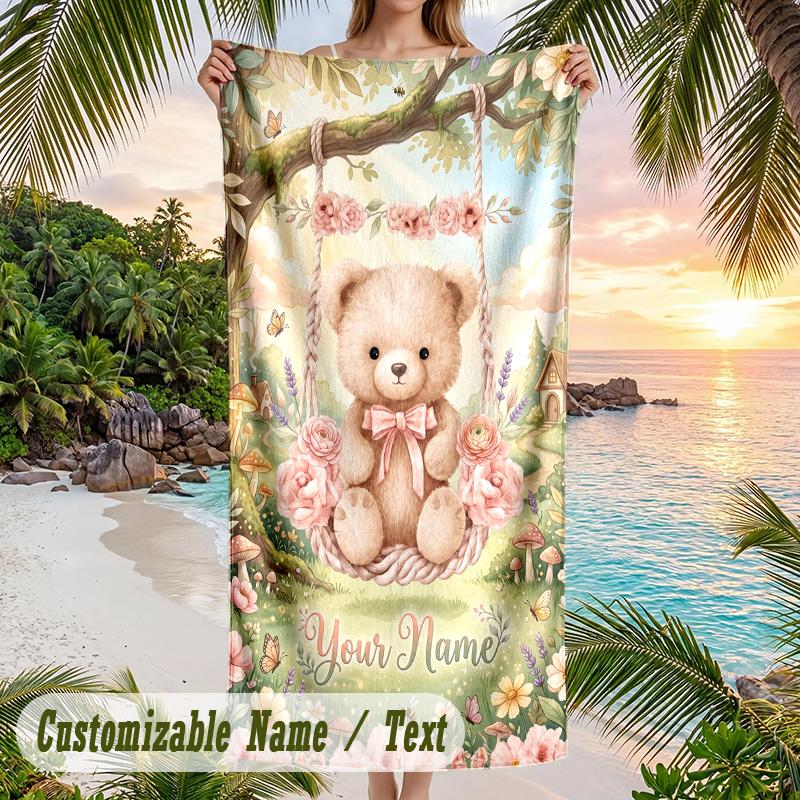 Teddy Bear Theme Beach Towel Personalized Custom Name & Text Soft Quick Dry Beach Towel for Swimming Travel