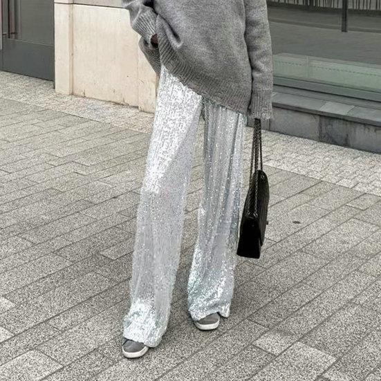 Женские брюки средней посадки однотонные с блестящими пайетками повседневные брюки широкие штанины сценические танцевальные брюки одежда для вечеринки в ночном клубе